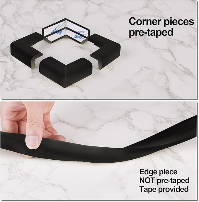 Baby Proofing Edge and Corner Guards, Safety Furniture Bumper with 3M Double-Sided Tape,16.40ft Edge + 4 Pre-Taped Corners Baby Corner Protector for Fireplace, Table, Stair, Cabinet(Black)