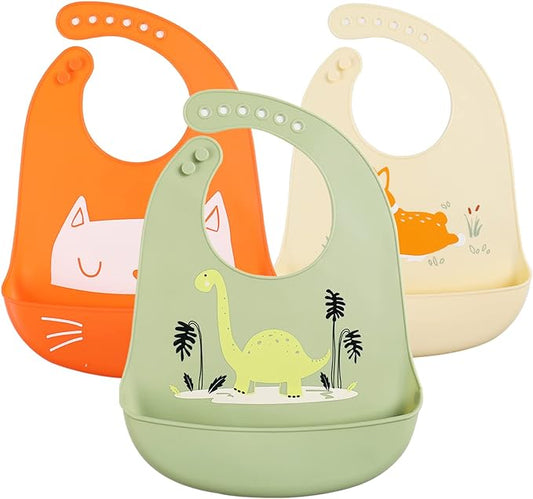 Baby Silicone Feeding Bibs, 3pcs Adjustable Waterproof Bibs for Feeding