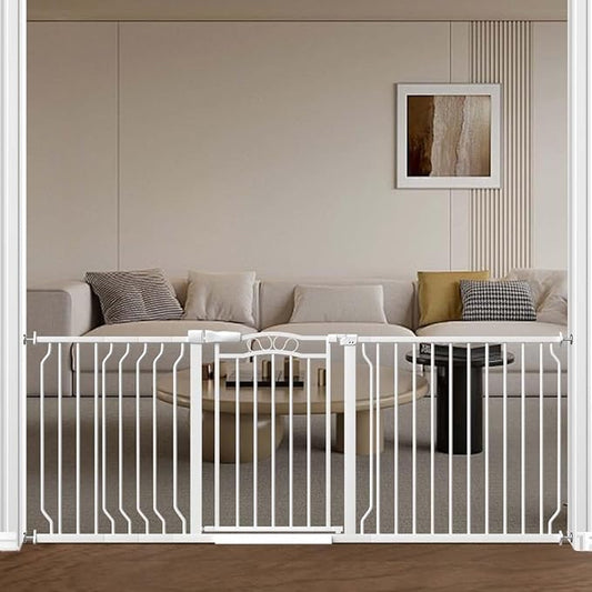 Fairy Baby 71.7"-81.1" Extra Wide Large Pet Gate, Long Dog Gate for the House Doorway Stairs, Pressure Mount Kit Baby Barrier Fence for Child Kid Toddler, Arched Lace Décor Walk Thru Garden Gate,White