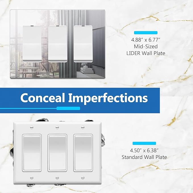 LIDER Triple Decorator Wall Plate, Impact Resistant, Mirrored Acrylic, Plexiglass, Reflective Finish, Modern Upgrade Screwless Light Switch/Outlet Cover Mid-Size 3-Gang 4.88" x 6.77" Silver