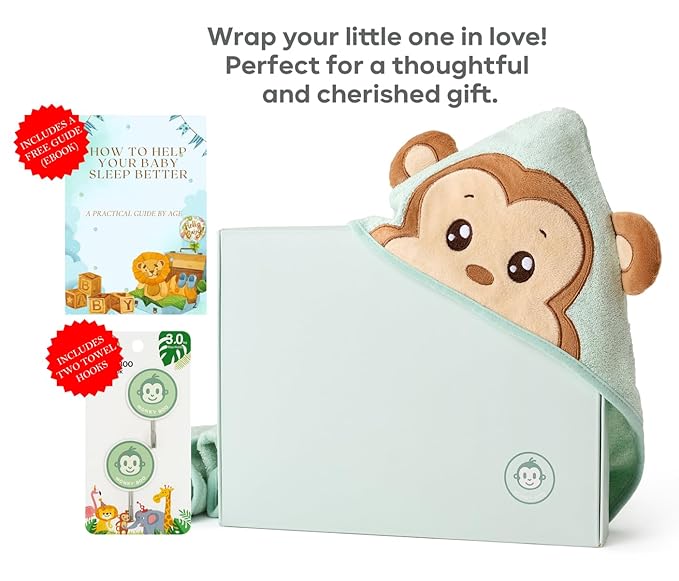 Bamboo Baby Towels with Hood – Mint Green 35x35” | Ultra-Soft Rayon from Bamboo & Cotton Bath Wrap | Adorable Monkey Hood for Newborns, Infants & Toddlers for Boys & Girls
