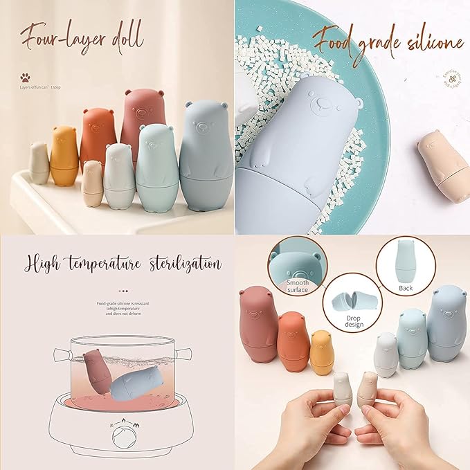 OESSUF 8 Pieces Silicone Nesting Dolls Russian Matryoshka Doll Easter Toys Montessori Educational Toy for Kid Boys Girls Bears Stacking Nesting Toys Set for Toddlers 3 Years Up