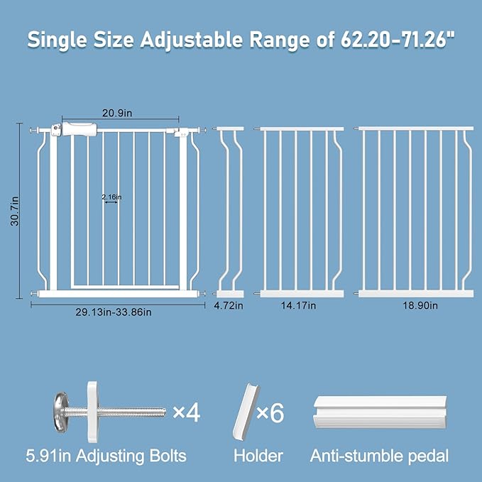 ALLAIBB Extra Wide Pressure Mount Baby Gate Auto Close White Metal Child Dog Pet Safety Gates with Walk Through for Stairs,Doorways,Kitchen and Living Room (62.20-71.26"/158-181cm)