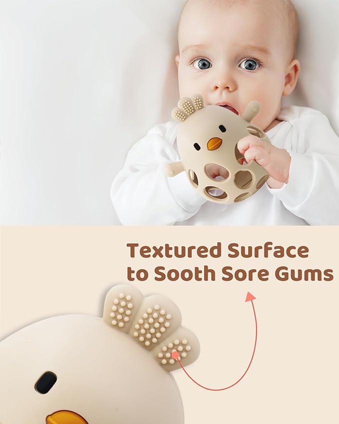 2-in-1 Baby Teething Rattle Toy, Sensory Grasping Teether for Infants 3-12 Months, 100% Food-Grade Silicone, Easy to Hold, Soothing & Developmental, BPA Free