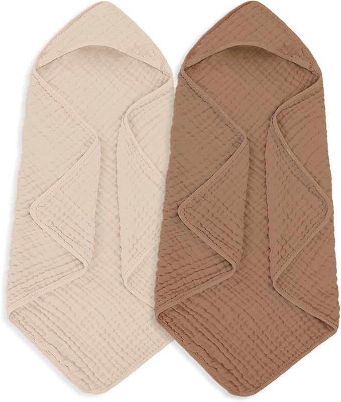 Muslin Hooded Baby Towels 100% Cotton ，Super Soft Muslin Baby Bath Towel - 32 x 32 Inches, Suitable for Newborn and Young Children up to 3 Years Old. (Beige & Coffee)