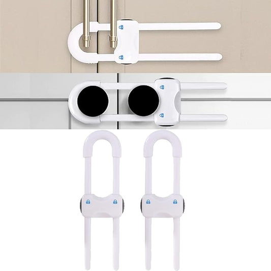 Sliding Cabinet Locks for Baby, Baby Proofing Adjustable U-Shaped Baby Safety Latches for Handles Knobs Drawers, Fridge, Closet, Cupboard, Closet with Secure Lock Buttons,2Pack (White)