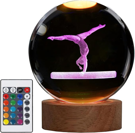 Gymnastics Night Light, Gymnastics Gifts for Girl, Gymnastics 3D (3.15 in) Crystal Ball Night Light with Remote Upgraded Lamps with 16 Color for Birthday Xmas Cool Room Decor for Boys Girls