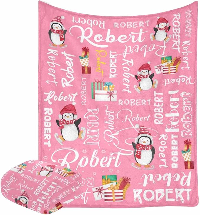 M YESCUSTOM Custom Name Blanket, Personalized Baby Throw Blanket, Pink Penguin, Christmas, Birthday for Kids & Adults