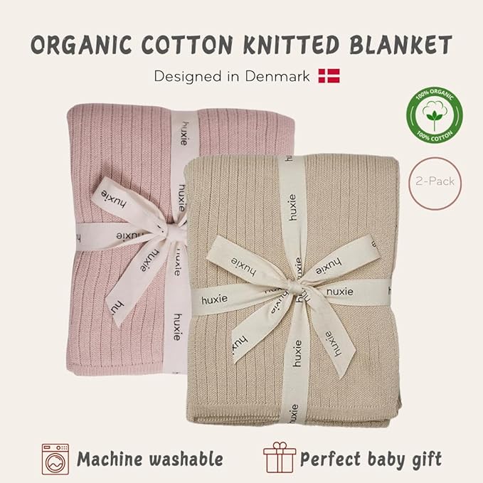 Knitted Organic Cotton Baby Blanket- Swaddle Blanket, 30" x 40" Soft Receiving Blanket for Newborn 2-Pack (Fog and Blush)