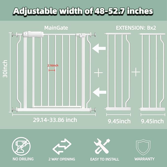 TSAYAWA Walk Through Baby Gate with Door, 48.1-52.7 Inch Wide Presure Mounted No Drill Metal Auto Close Child Gate for Stair Doorway - Indoor Outdoor Safty Gate for Toddler Dog Doggie, White
