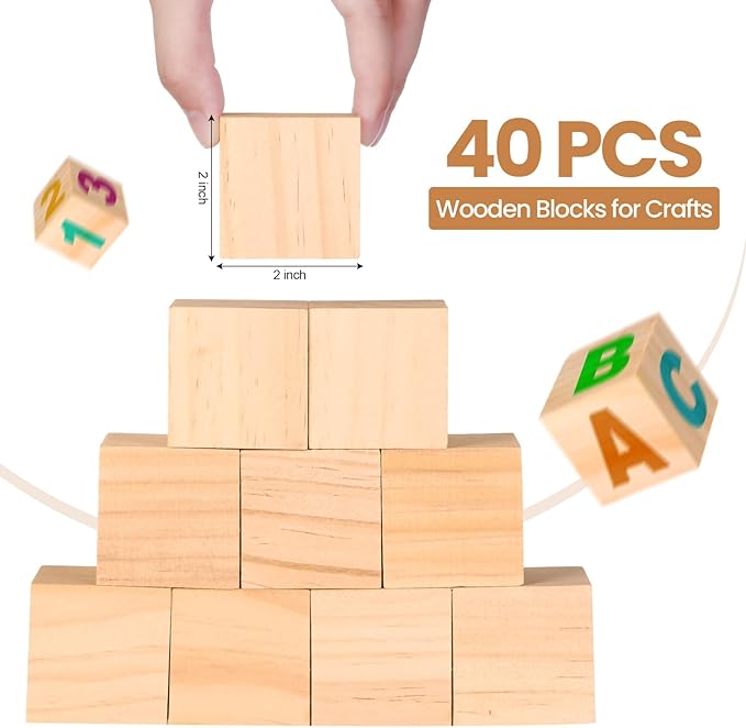 40 Pcs 2 Inch Unfinished Wooden Blocks for Crafts, Blank Natural Wooden Cubes Wood Square Blocks for Paint Stamp Decorate DIY Projects Personalised Gifts Crafts Making Baby Shower Christmas Decoration