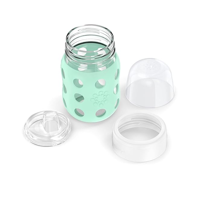 Lifefactory 8-Ounce Wide Neck Glass Baby Bottle with Protective Silicone Sleeve and Sippy Spout, Mint (LG2251WMI4)