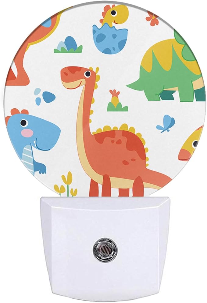 EKOBLA Dinosaur Night Light Cartoon Round LED Wall Plug-in Nightlights with Auto Sensor, Dino Night Light - Cute Dinosaur Theme Dusk to Dawn Lighting for Boys & Girls (Soft Glow Sleep-Friendly)