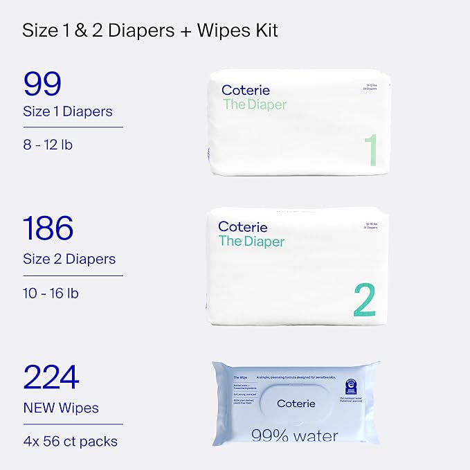 Coterie Baby Wipes + Diapers Kit, Size 1 (99 Count) & Size 2 Diapers (186 Count), 4 Pack (224) Baby Wipes with 99% Water, Plant Based Materials, Hypoallergenic for Sensitive Skin