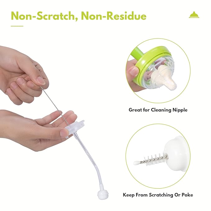 Baby Bottle Brush with One Base Hidden Nylon Nipple Cleaner, 2 Pcs Sponge Nipple Brushes, 2 Pcs Straw Brushes, Bottle Brush with Nipple Cleaner and Suction Cup (Green)