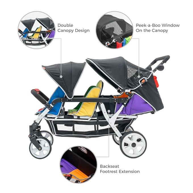 Familidoo H6E 6 seat Baby Stroller- Double Canopy - Daycare Strollers with 5 Point Safety Harness - Backseat footrest Extension for 0 to 36 Months