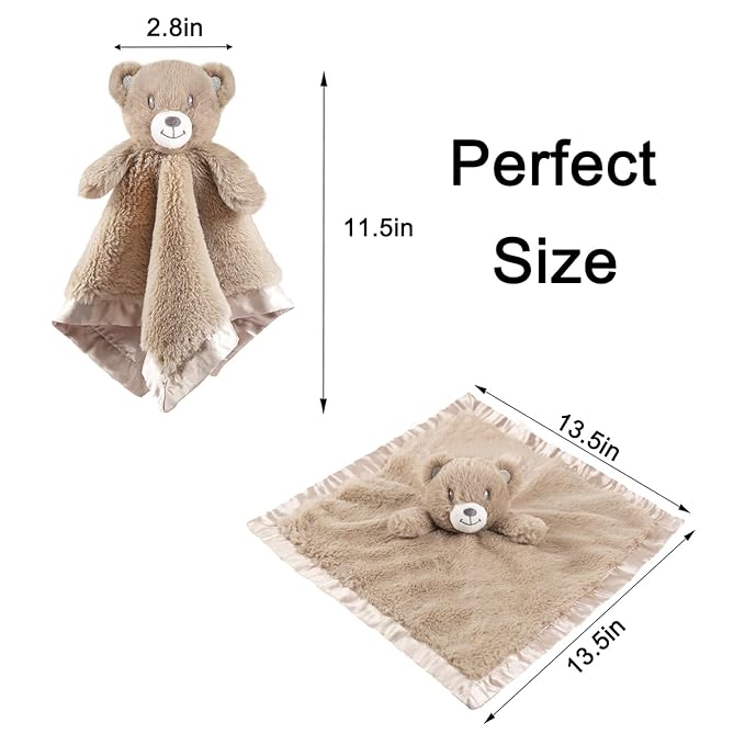 Baby Bear Security Blanket Soft Minky Baby Lovey Animal Plush Blanket Unisex Lovie Gift for Toddler, Boys and Girls, 13.5 Inch (Dark Brown)