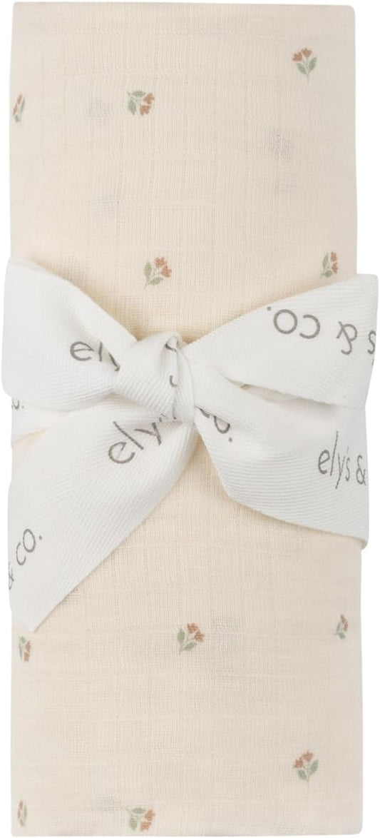 Ely's & Co. Cotton Muslin Swaddle Blanket with Scallop Trim, 1-Pack for Baby Girl— 100% Cotton Muslin Extra-Large Swaddle Blankets (47” x 47”) Ivory Tulip