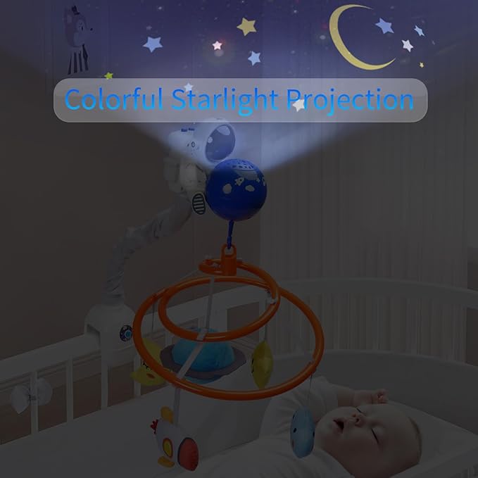 Baby Crib Mobile with Music Box, Remote Control, Rotating Space Theme Toys, Projection Light, White Noise, 0-12 Months