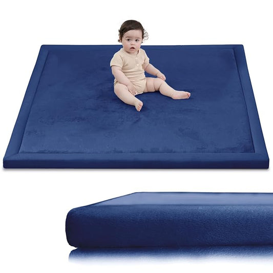 Baby Play Mat for Floor,1.3" Thick Elasti-Foam 50x50 Playpen Mat for Toddlers Infant Kids,Water-Repellent Soft Coral Velvet Tummy Time Non Slip Crawling,Tatami(Dark Blue)