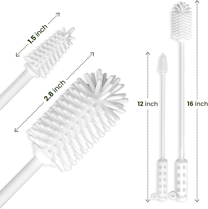 purifyou 16in & 12in Platinum Silicone Water Bottle Cleaner Brush Set with Cap Brushes, for Bottles, Tumblers, Drinking Glasses, Narrow Neck Containers, Dishwasher Safe, Durable (Set of 2, White)