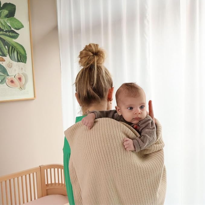 Knitted Organic Cotton Baby Blanket- Swaddle Blanket, 30" x 40" Soft Receiving Blanket for Newborn 2-Pack (Fog and Blush)