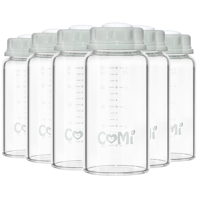 COMI Natural Glass Baby Bottle,Standard Neck Breastmilk Storage Bottle for Fridge,Breast Milk Container,Breast Pump Bottle Compatible with Medela Breast Pump,BPA Free,6PCS (5oz,6 Gray Lids)