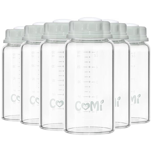 COMI Natural Glass Baby Bottle,Standard Neck Breastmilk Storage Bottle for Fridge,Breast Milk Container,Breast Pump Bottle Compatible with Medela Breast Pump,BPA Free,6PCS (5oz,6 Gray Lids)