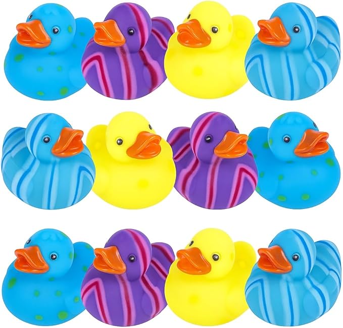 ArtCreativity Multicolored Pattern Rubber Duckies for Kids, Pack of 12 Cute Duck Bath Tub Pool Toys, Fun Carnival Supplies, Birthday Party Favors for Boys and Girls
