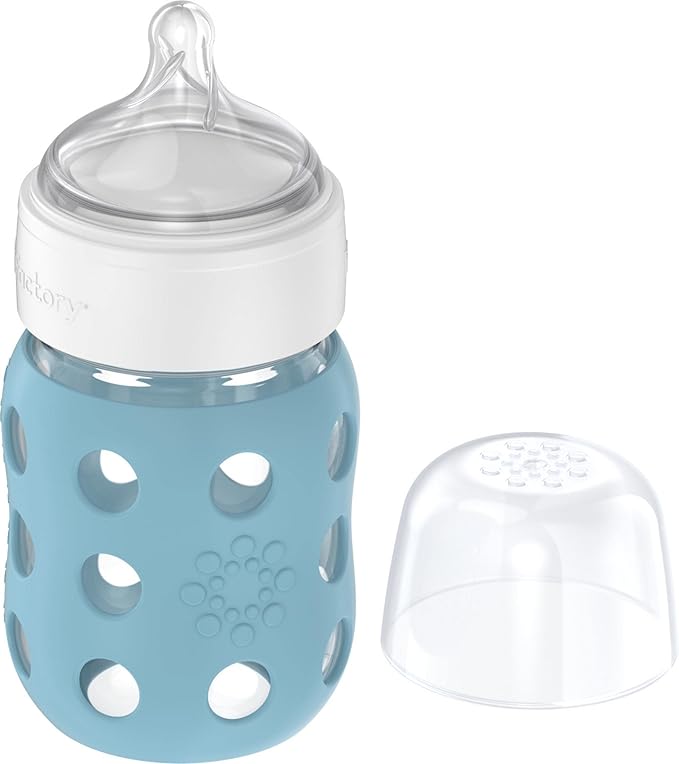 Lifefactory 8-Ounce Wide Neck Glass Baby Bottle with Protective Silicone Sleeve and Stage 2 Nipple, Denim (LG2211WDE4)