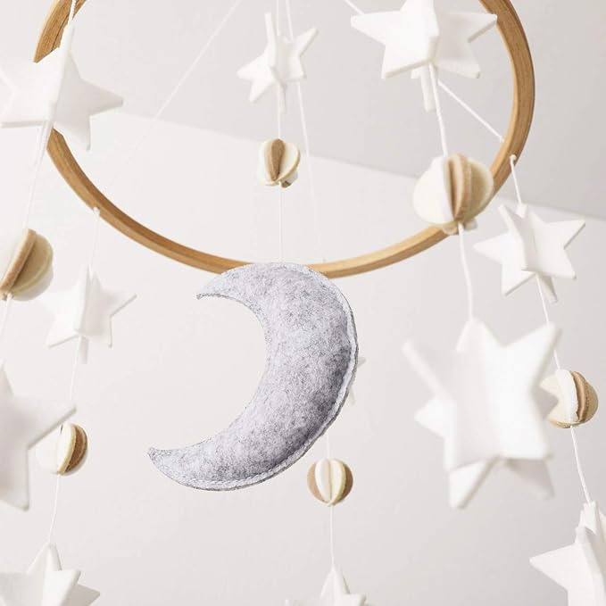 Sorrel + Fern Baby Crib Mobile - Moon & Stars (Grey, White & Cream) - Nursery Decoration - Unisex