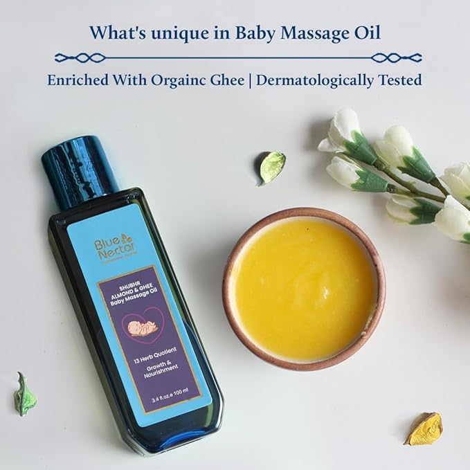 Blue Nectar Ayurveda Gentle Baby Oil for Newborn Skin Care Baby Massage Oil (3.38Fl Oz) Along with Baby Lotion with Nourishing Organic Ghee Body Lotion | Gentle moisturizer for Kids (6.76 Fl Oz)