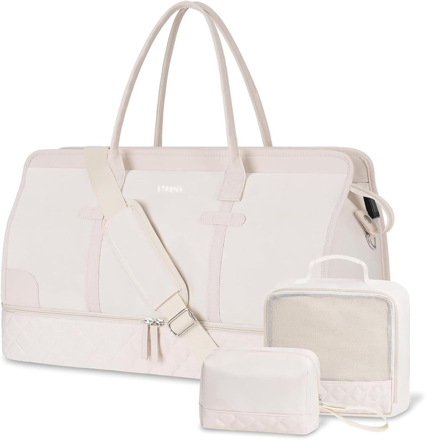 ETRONIK Weekender Overnight Bags for Women, Large Travel Duffle Bags with Shoe Compartment & Wet Pocket, Carry On Tote Bag Gym Duffel Bag with Toiletry Bags for Hospital 3 Pcs Set, Large Size, Beige