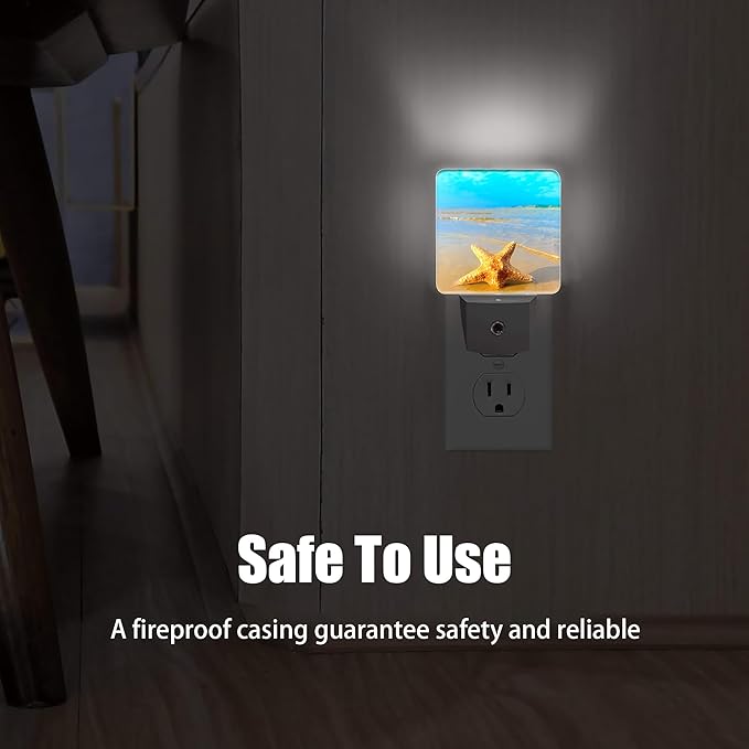 Yellow Starfish on Beach Night Light, Dusk to Dawn Smart Sensor Nightlight for Bedroom Bathroom Kitchen Hallway Stairs Hallway, Plug-in, Energy Efficient Decor Desk Lamp Gifts