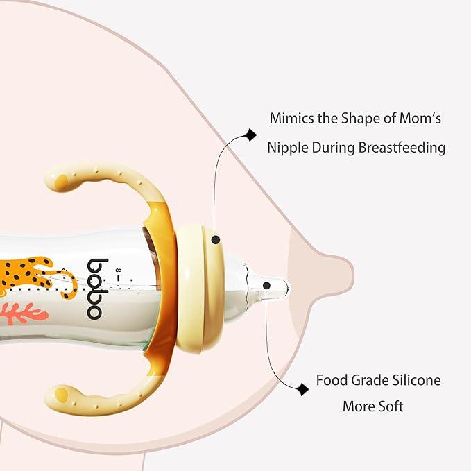YOHKOH Natural Glass Baby Bottle with Natural Response Nipple, Wide Neck Baby Bottles with Handle, Newborn Anti-Colic Baby Bottles Gift Set, Clear (8.8oz (Pack of 4), Yellow)