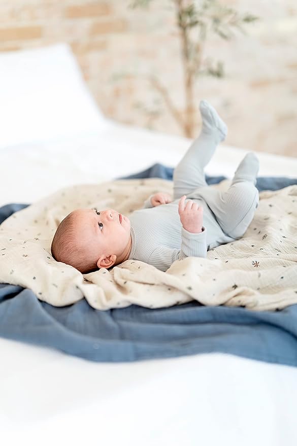 Ely's & Co. Muslin Swaddle Blanket 2-Pack — 100% Cotton Muslin Extra-Large Swaddle Blankets (47” x 47”) Solid + Printed (Blue Garden Flower)