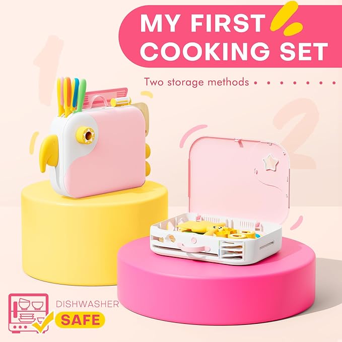 Toddler Girl Cooking Set with Storage Box-Girls Pink Kitchen Set,Safe PP Material Baby Girl Montessori Kitchen Tools for Real Cooking,Dishwasher Safe,Fun Bird-Shaped Little Chef Set