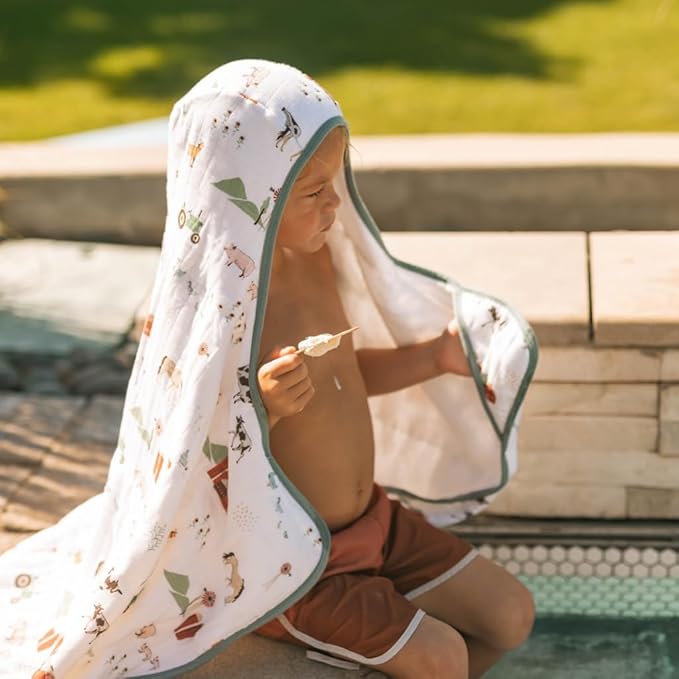 Little Unicorn Premium Hooded Bath Towel| Absorbent Cotton & Terry Blend | Larger Size, 1-6 Years (Farmyard)
