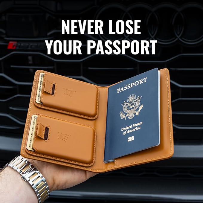 Kings Loot Passport Holder Wallet | RFID Blocking Leather Travel Wallet with Built-in Airtag Holder | Holds 1-6 Cards & Passport | Easy Pull Tab | Travel Wallets (Cognac)