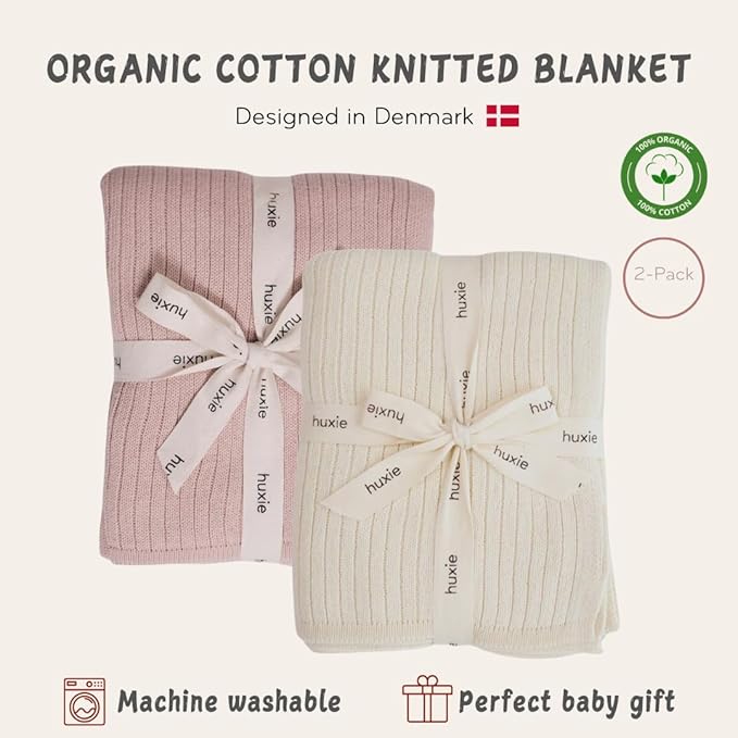 Knitted Organic Cotton Baby Blanket- Swaddle Blanket, 30" x 40" Soft Receiving Blanket for Newborn 2-Pack (Soft White and Blush)