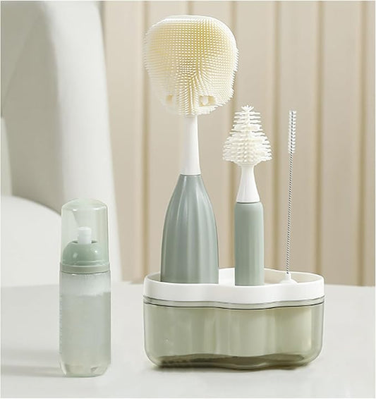 Baby Bottle Brush Kit with Push-Press Bubble and Drying Rack for Bottle Cleaning, Bendable Bottle Cleaner Brush for Baby Bottles, Breast Pumps, Nipples, Straws and More. Perfect for Home&Travel