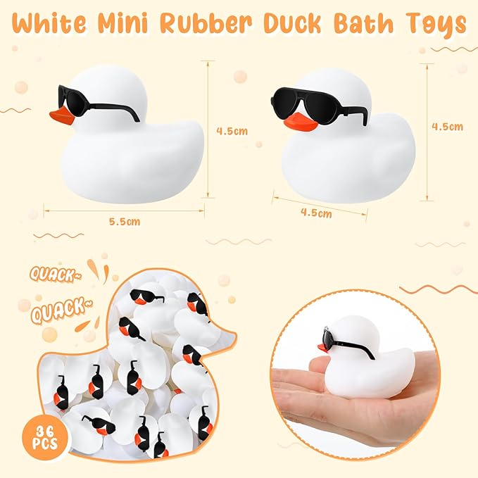 Sosation 36 Packs Mini Rubber Ducks with Sunglasses Sets 2.2 Inch Bath Squeaky Rubber Duckies Cute Float Bathtub Toys for Christmas Birthday Party Favors Class Prizes Car Decor(White)