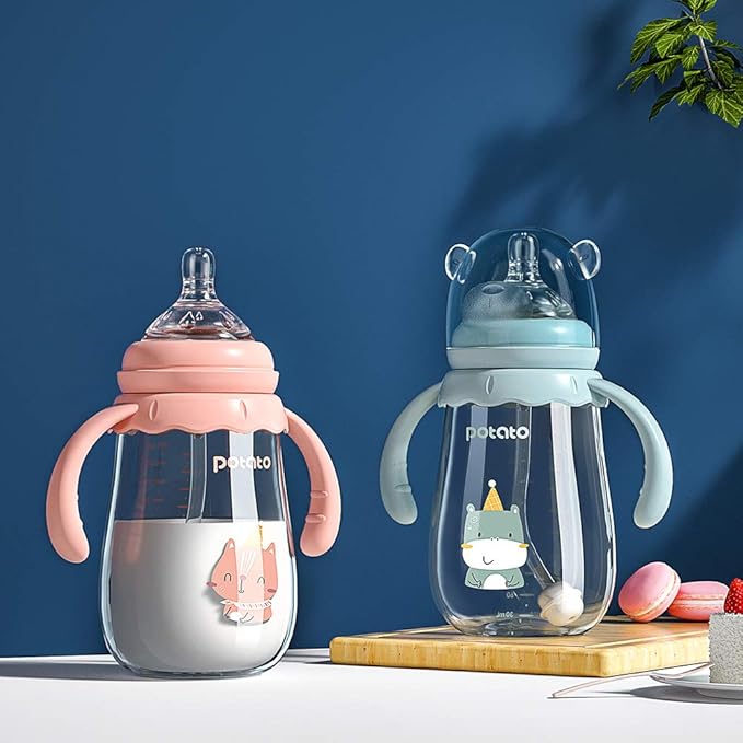 POTATO Glass Baby Bottles, Anti-Colic Breastfeeding Bottles with Fast Flow Nipple, Suitable for Babies 6-12 Months, 2 Replaceable Nipples, 8 oz, Blue