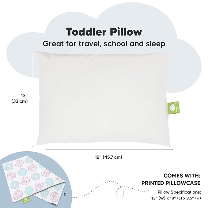 Toddler Pillow with Pillowcase - 13x18 My Little Dreamy Kids Travel Bed Pillows for Sleeping, Organic Cotton Small Pillowcase, Soft & Breathable, Machine Washable, Toddlers 2-5 Years Old (Donuts)