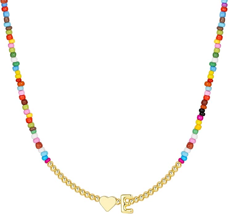 M MOOHAM Stocking Stuffers for Teen Girls Christmas Gifts - Heart Initial Necklaces for Women Kids Colorful Beaded Tiny Heart Initial Choker Necklace Jewelry for Teen Girls Trendy Birthday Gifts
