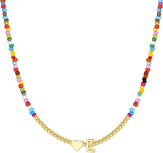 M MOOHAM Stocking Stuffers for Teen Girls Christmas Gifts - Heart Initial Necklaces for Women Kids Colorful Beaded Tiny Heart Initial Choker Necklace Jewelry for Teen Girls Trendy Birthday Gifts