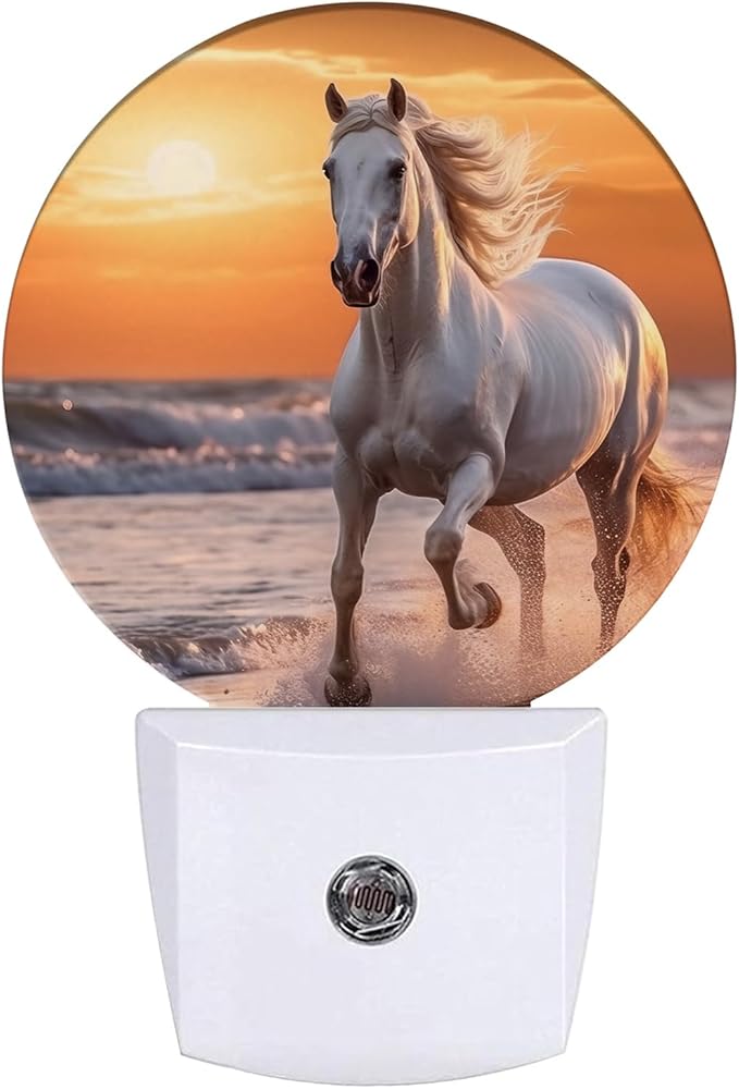 Running Horse Night Light Sunset Night Lights LED Lamp Round Plug into Wall Nightlight with Dusk to Dawn Sensor Home Hallway Stairway Kitchen Decor