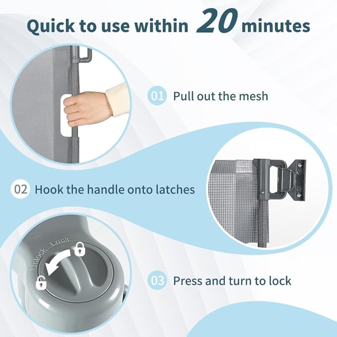 47” Extra Tall Retractable Baby Gate, Reinforced Mesh Dog Gate Extends to 59" Wide, Baby Gate for Stairs, Doorways, Hallways, Indoor and Outdoor, Grey