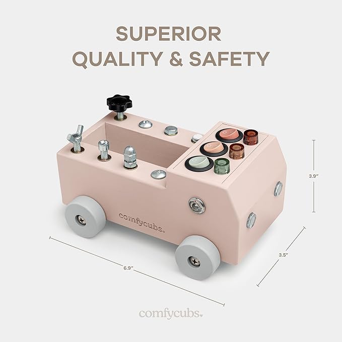 Comfy Cubs Busy Board Toy Truck Set - Fun & Noise-Free, Pine Wood Activity Board for Toddlers with LED Light Switch - Designed in The US, Focused & Engaging Montessori Play for Kids 3+ (Blush)