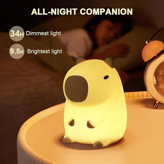 Capybara Night Light, Squishy Rechargeable LED Lamp with Timer, Dimmable Silicone Nightlight for Kids Bedroom, Kawaii Animal Decor for Nursery College Dorm Adults
